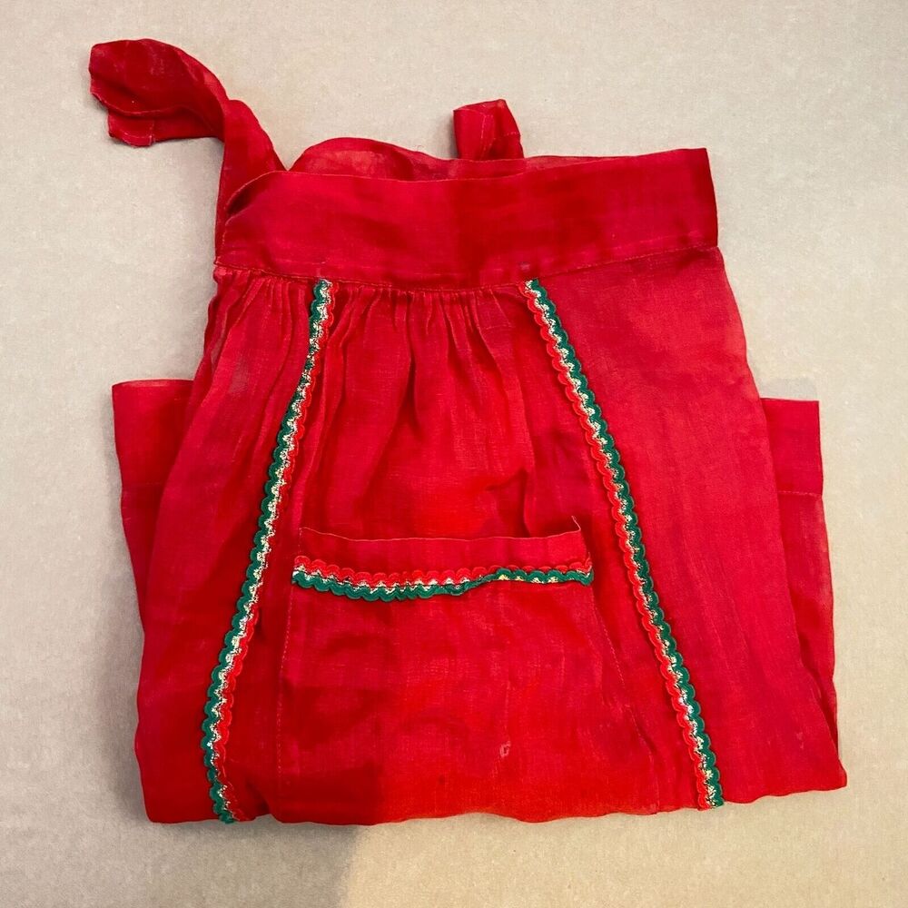 #5997 vintage Handmade Red with Green Trim Half Apron